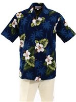 Pacific Legend Hibiscus Monstera Navy Cotton Men's Hawaiian Shirt
