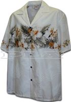 Pacific Legend Hibiscus White Cotton Men's Border Hawaiian Shirt