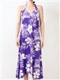 Pacific Legend Hibiscus &amp; Monstera Purple Cotton Hawaiian Halter Neck Midi Dress