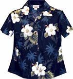 Pacific Legend Hibiscus Monstera Navy Cotton Women's Fitted Hawaiian Shirt