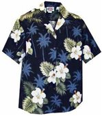 Pacific Legend Hibiscus Monstera Navy Cotton Women's Hawaiian Shirt