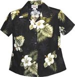 Pacific Legend Hibiscus Monstera Black Cotton Women's Fitted Hawaiian Shirt