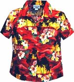 Pacific Legend Sunset Red Cotton Women's Fitted Hawaiian Shirt