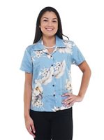 Pacific Legend Hibiscus Blue Cotton Women's Fitted Hawaiian Shirt