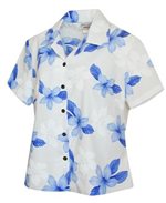 Pacific Legend Plumeria Blue Cotton Women's Fitted Hawaiian Shirt