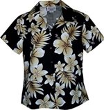 Pacific Legend Tropical Flowers Black Cotton Women's Fitted Hawaiian Shirt