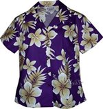 Pacific Legend Tropical Flowers Purple Cotton Women's Fitted Hawaiian Shirt