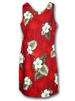 Pacific Legend Hibiscus Monstera Red Cotton Hawaiian Tank Short Dress
