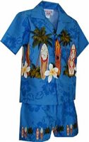 Pacific Legend Surfboard Blue Cotton Boys Hawaiian Cabana Set