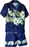 Pacific Legend Hibiscus Navy Cotton Boys Hawaiian Cabana Set