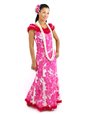 Royal Hawaiian Creations Hibiscus Panel Pink Poly Cotton Hawaiian Nahenahe Ruffle Long Muumuu Dress