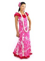 Royal Hawaiian Creations Hibiscus Panel Pink Poly Cotton Hawaiian Nahenahe Ruffle Long Muumuu Dress