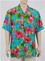 Two Palms Hibiscus Watercolor Blue Rayon Men's Hawaiian Shirt