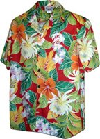 Pacific Legend Tropical Flowers Red Cotton Men's Hawaiian Shirt