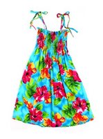 Two Palms Hibiscus Watercolor Blue Rayon Girls Hawaiian Summer Dress