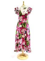 Pacific Legend Plumeria & Monstera Pink Cotton Hawaiian Ruffle Long Muumuu Dress