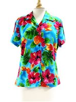 Two Palms Hibiscus Watercolor Blue Rayon Women's Hawaiian Shirt