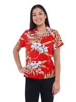 Two Palms Pali Orchid Red Rayon Women's Hawaiian Shirt