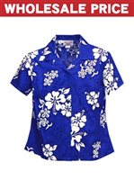 [Wholesale] Pacific Legend White Hibiscus Blue Cotton Women's Fitted Hawaiian Shirt