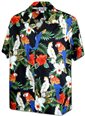 Pacific Legend Birds &amp; Hibiscus Black Cotton Men&#39;s Hawaiian Shirt