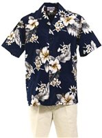 [Plus Size] Pacific Legend Hibiscus Navy Cotton Men's Hawaiian Shirt