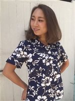 Hilo Hattie Classic Hibiscus Pareo Navy Cotton Women's Hawaiian Shirt