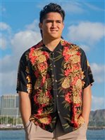 Hilo Hattie Pineapple Panel Black Rayon Men's Hawaiian Shirt