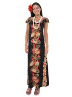 Hilo Hattie Pineapple Panel Black Rayon Hawaiian Flutter Sleeve Empire Dress