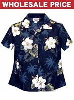 [Wholesale] Pacific Legend Hibiscus Navy Cotton Women's Fitted Hawaiian Shirt