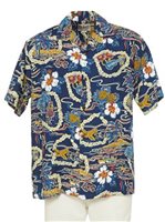 Hilo Hattie Vintage Scenic Navy Rayon Men's Hawaiian Shirt
