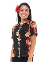 Hilo Hattie Pineapple panel Black Rayon Women's Hawaiian Shirt