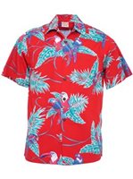Go Barefoot Vintage Tropical Birds Red Cotton Men's Hawaiian Shirt
