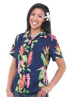 Hilo Hattie BOP Panel Navy Rayon Women's Hawaiian Camp Blouse