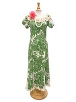 [Petite Size] Royal Hawaiian Creations Hibiscus Panel Green Poly Cotton Hawaiian Jenny Ruffle Long Muumuu Dress SH