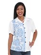Hilo Hattie Prince Kuhio White&amp;Blue Rayon Women&#39;s Hawaiian Shirt
