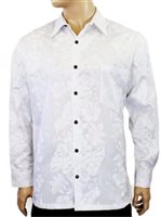 Two Palms Hibiscus Panel  White Cotton Men's Long Sleeve Wedding Hawaiian Shirt