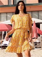 Angels by the Sea Yellow Rayon Floral  Waist Tie Dress
