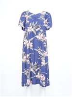 Two Palms Pali Orchid  Blue Rayon Hawaiian Midi Muumuu Dress