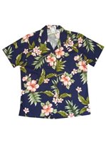 Ky's Hibiscus Garden Navy Blue w/Coral Cotton Women's Hawaiian Shirt