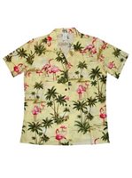 Ky's Flamingo Fever Yellow Cotton Women's Hawaiian Shirt