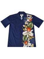 Ky's Orchid & Plumeria Side Panel Navy Cotton Poplin Men's Hawaiian Shirt