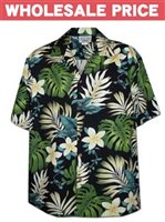 [Wholesale] Pacific Legend Plumeria & Monstera Black Cotton Men's Hawaiian Shirt
