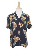 Two Palms Golden Pineapple Navy Rayon Women's Hawaiian Shirt