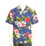 Hilo Hattie Hibiscus Plumeria Navy Cotton  Men's Hawaiian Shirt