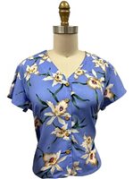 Paradise Found STAR ORCHID Blue Rayon Women's V-neck Blouse