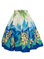 Anuenue (Pau) Plumeria & Palm Leaf Border Blue & Cream Poly Cotton Single Pau Skirt / 3 Bands