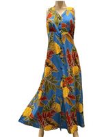 Paradise Found Vintage Pineapple Blue Rayon Hawaiian Long Dress