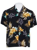 Two Palms Fern Hibiscus Black Rayon Men's Hawaiian Shirt