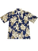 Ky's Wonder Hibiscus  Navy Blue Cotton Men's Hawaiian Shirt